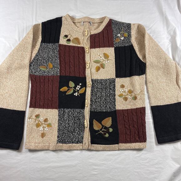 Cabin Creek Ramie Cotton Sweater Cardigan Patchwork Fall Leaves Toggle Buttons - Picture 1 of 10